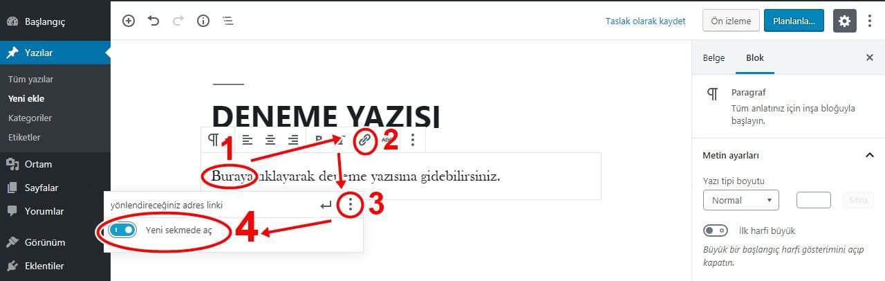 wordpress yeni sekme