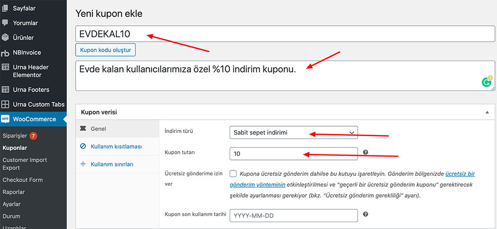 woocommerce kupon kodu oluşturmak