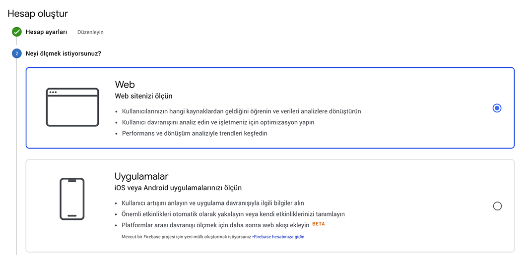 Google Analytics Uygulama Seçin