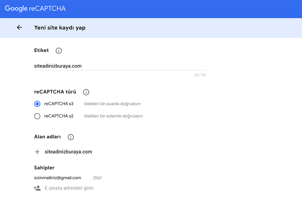 Google reCAPTCHA eklentisine kayıt