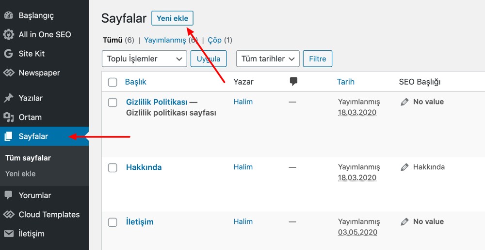 WordPress Sayfa Oluşturma